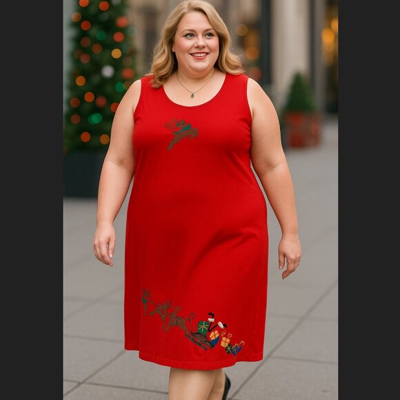 VTG Westbound Christmas Dress PLUS 1X Red Reindeer Santa Sleigh Cotton Back Slit - Picture 3 of 15